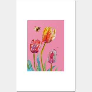 Tulip Flower Watercolor Painting and Bee on Pink Posters and Art